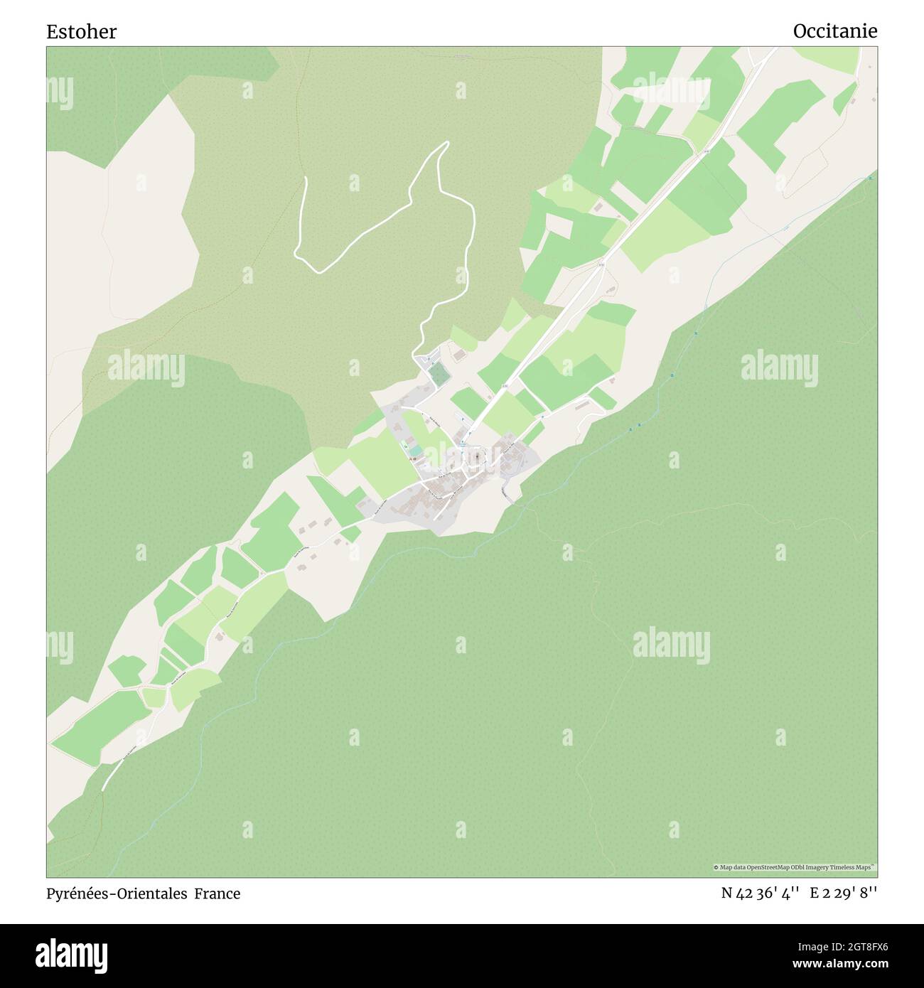 Estoher, Pyrénées-Orientales, France, Occitanie, N 42 36' 4'', E 2 29' 8'', map, Timeless Map published in 2021. Travelers, explorers and adventurers like Florence Nightingale, David Livingstone, Ernest Shackleton, Lewis and Clark and Sherlock Holmes relied on maps to plan travels to the world's most remote corners, Timeless Maps is mapping most locations on the globe, showing the achievement of great dreams Stock Photo