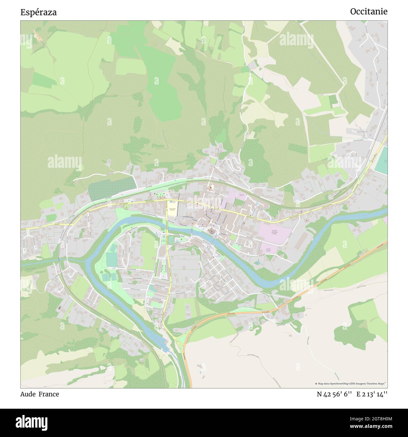 Espéraza, Aude, France, Occitanie, N 42 56' 6'', E 2 13' 14'', map, Timeless Map published in 2021. Travelers, explorers and adventurers like Florence Nightingale, David Livingstone, Ernest Shackleton, Lewis and Clark and Sherlock Holmes relied on maps to plan travels to the world's most remote corners, Timeless Maps is mapping most locations on the globe, showing the achievement of great dreams Stock Photo