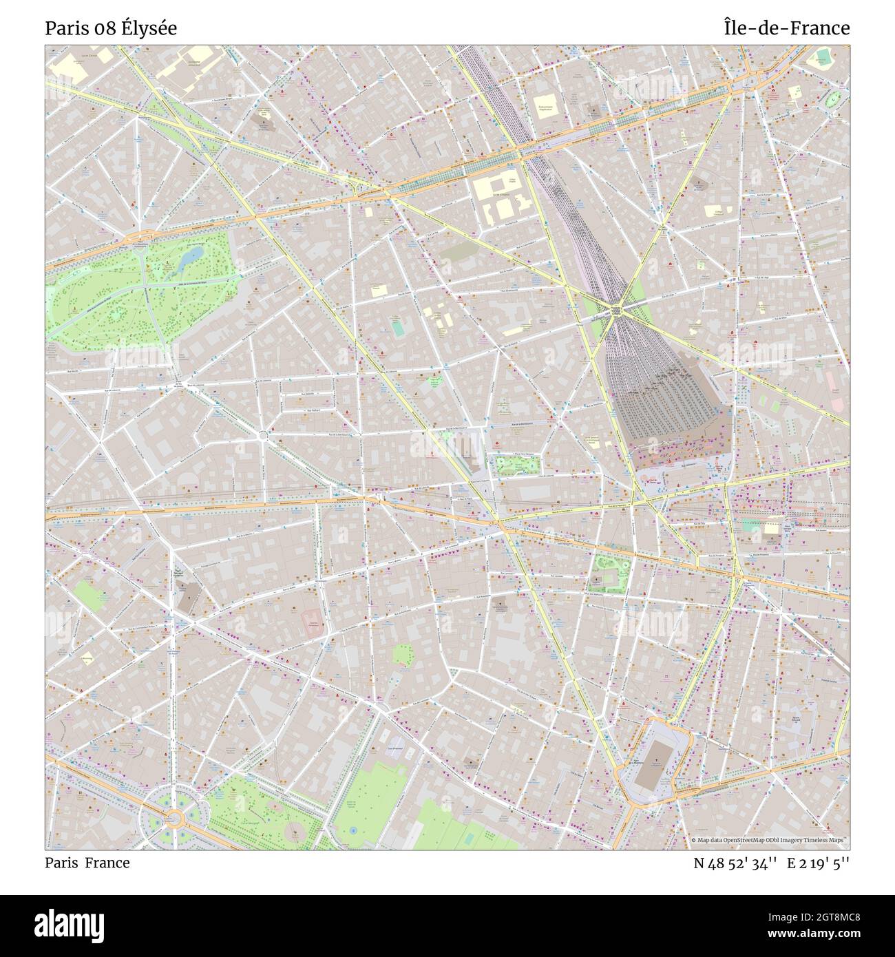 Paris 08 Élysée, Paris, France, Île-de-France, N 48 52' 34'', E 2 19' 5'', map, Timeless Map published in 2021. Travelers, explorers and adventurers like Florence Nightingale, David Livingstone, Ernest Shackleton, Lewis and Clark and Sherlock Holmes relied on maps to plan travels to the world's most remote corners, Timeless Maps is mapping most locations on the globe, showing the achievement of great dreams Stock Photo