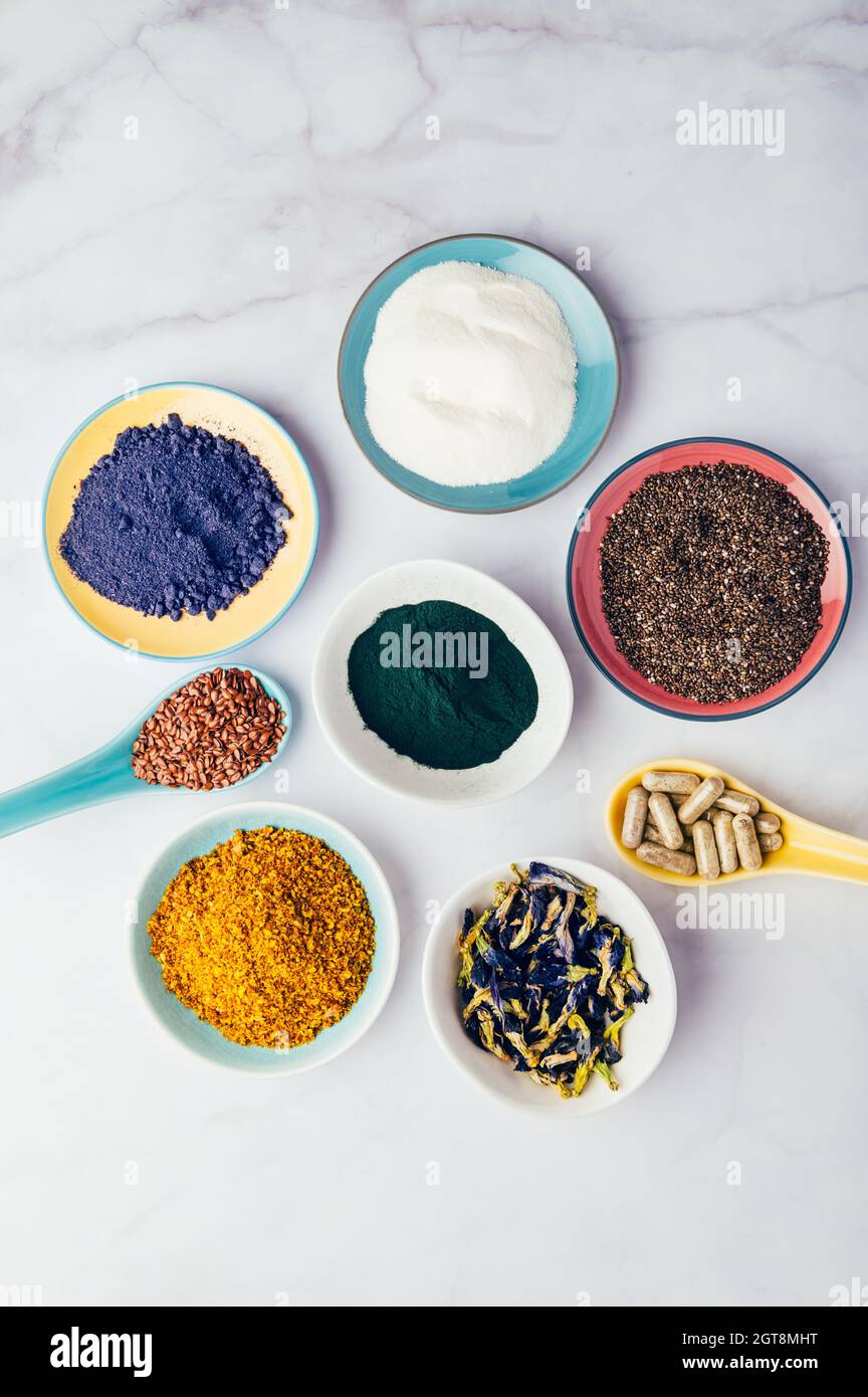 Variety Of Healthy Food Supplements Such As Blue Matcha, Butterfly Pea