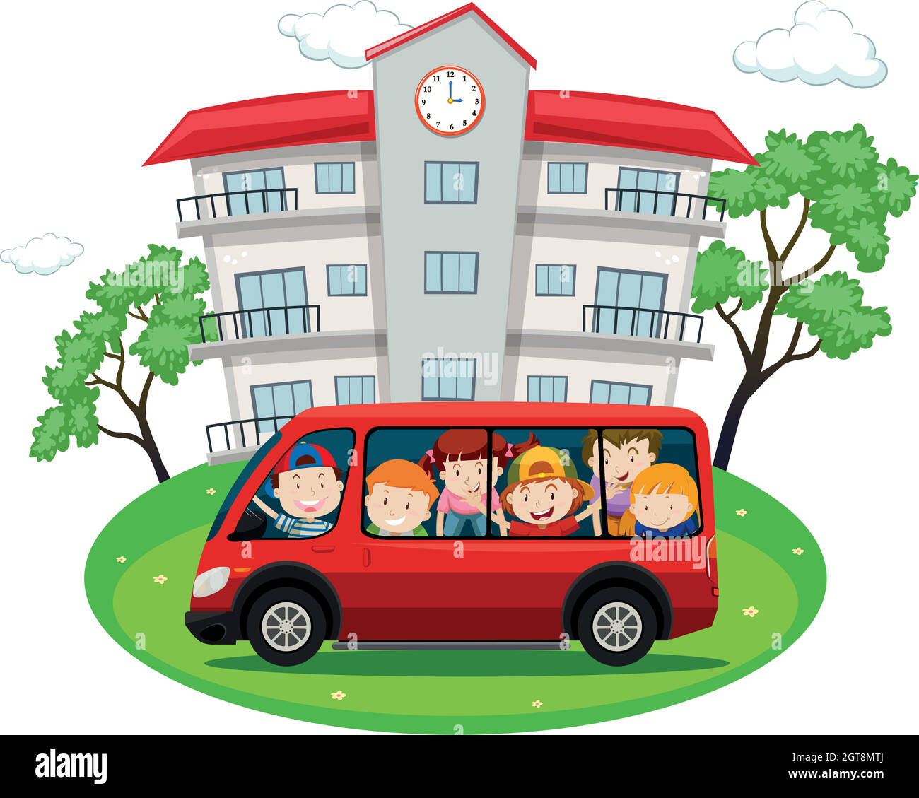 Students riding on red van to school Stock Vector