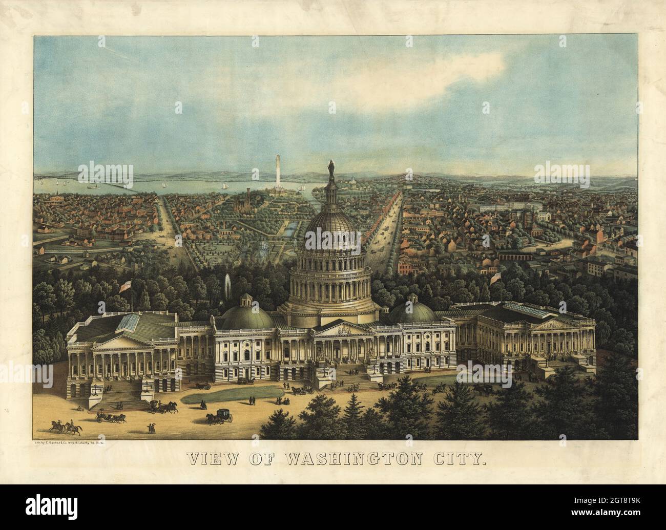 Low-angle bird's-eye view of central Washington, DC, USA with the Capitol in foreground 1871 Stock Photo