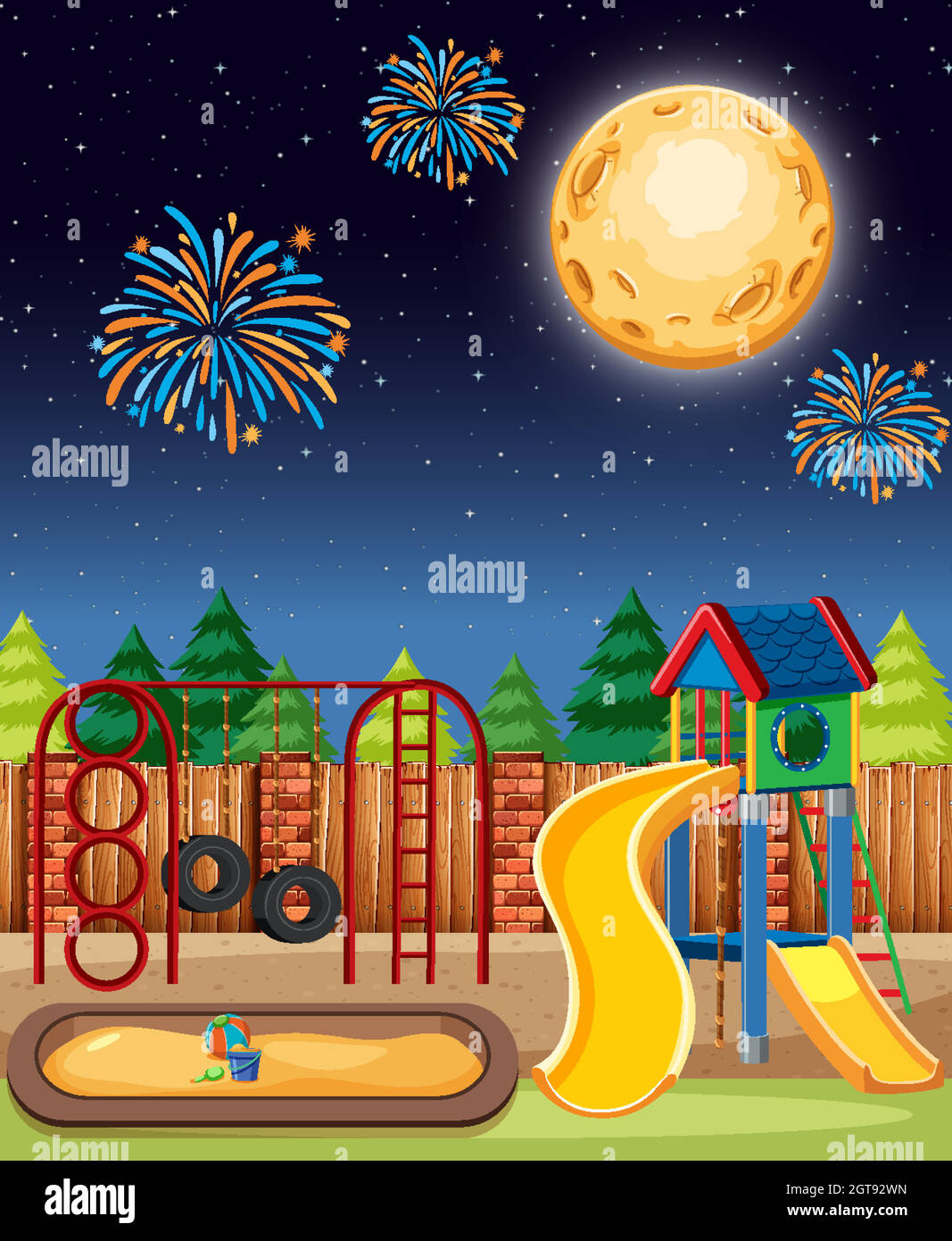 Kids playground in the park with big moon and fireworks in the sky at night cartoon style Stock Vector