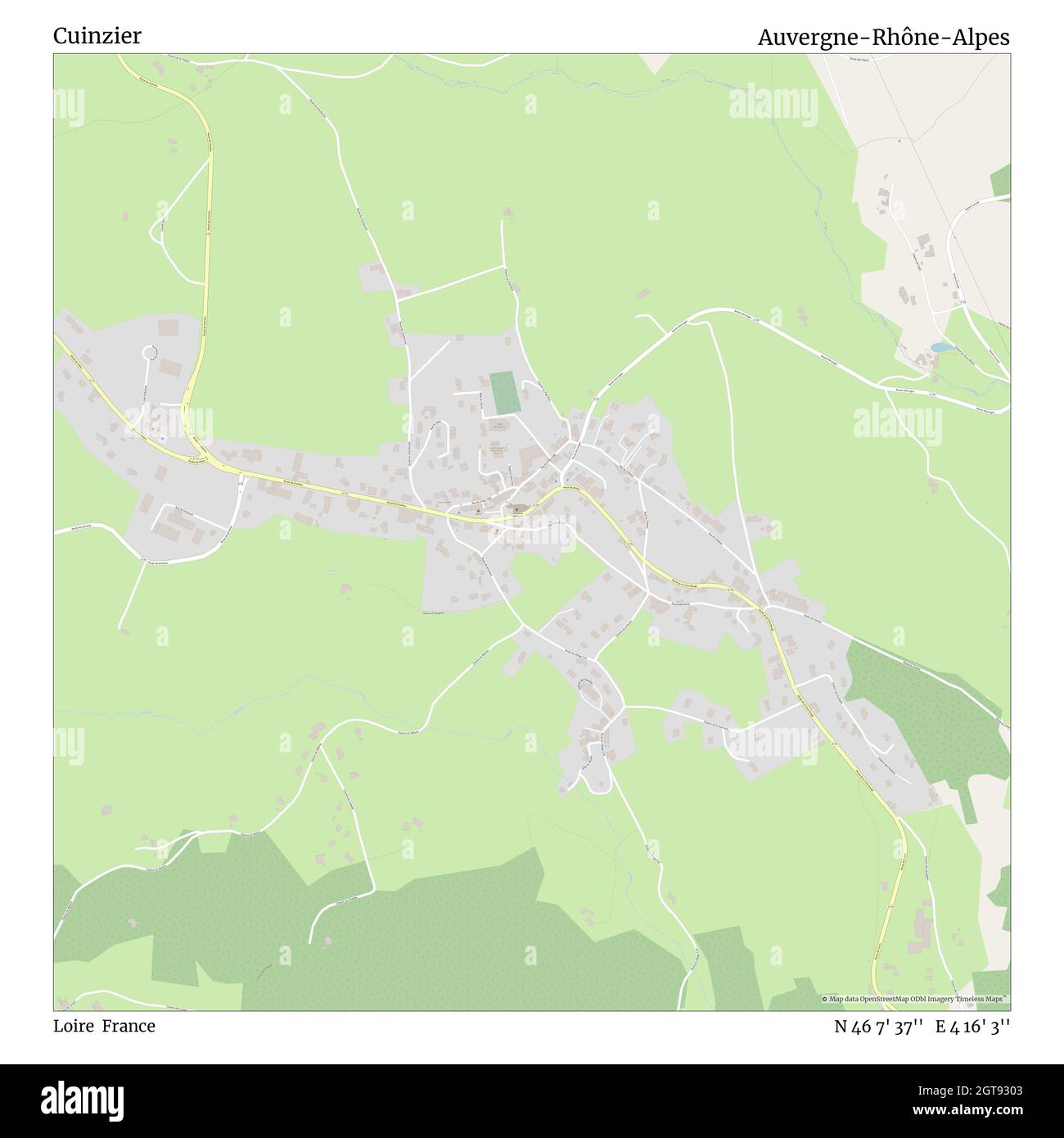 Cuinzier, Loire, France, Auvergne-Rhône-Alpes, N 46 7' 37'', E 4 16' 3'', map, Timeless Map published in 2021. Travelers, explorers and adventurers like Florence Nightingale, David Livingstone, Ernest Shackleton, Lewis and Clark and Sherlock Holmes relied on maps to plan travels to the world's most remote corners, Timeless Maps is mapping most locations on the globe, showing the achievement of great dreams Stock Photo