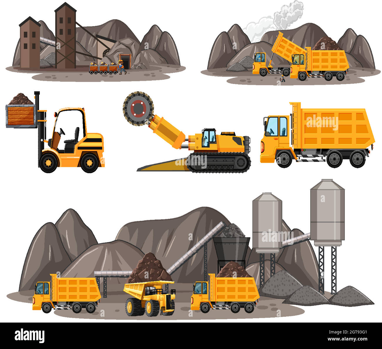 Coal mining scene with different types of construction trucks Stock Vector
