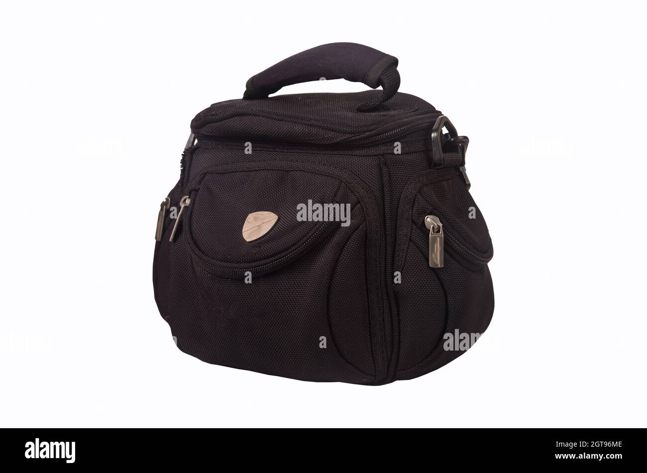 Black bag designed for digital camera, isolated on white background Stock Photo