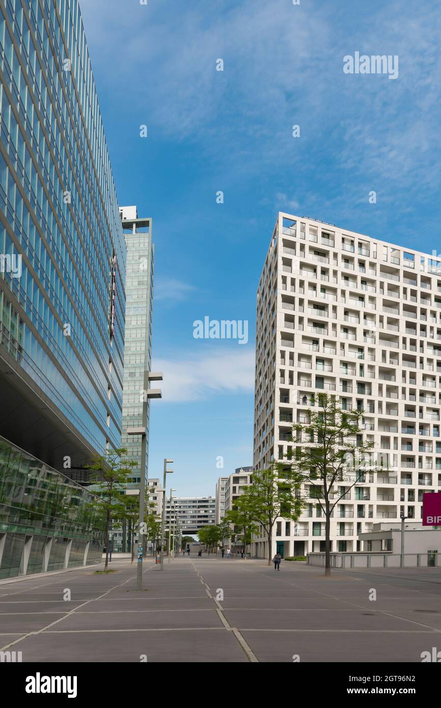 01 June 2019 Vienna, Austria - Donaucity, Building of headquarters STRABAG AG, real estate company in Tech Gate of Donaustadt. Sunny summer day Stock Photo