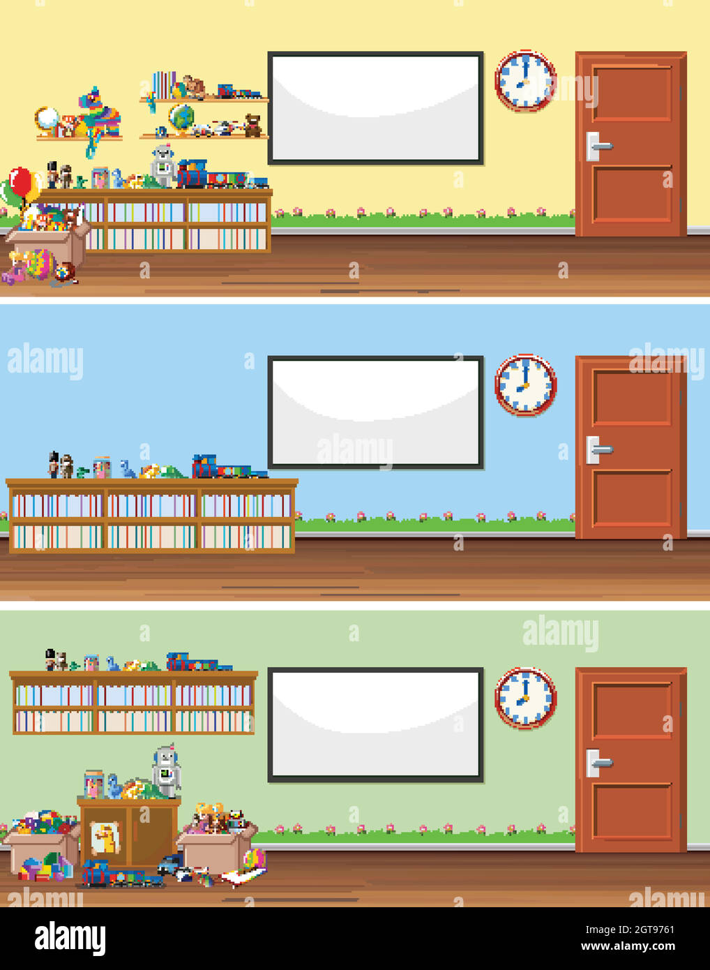 Background scene with whiteboard and toys Stock Vector