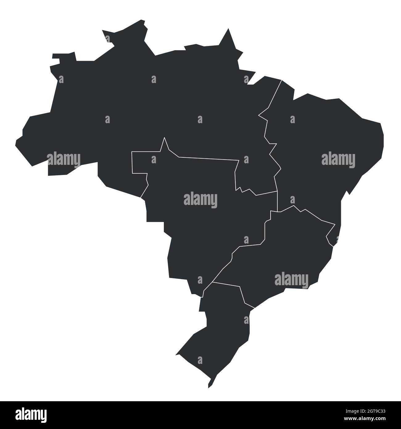 Political map of Brazil. States divide by color into 5 regions. Simple blank vector map. Stock Vector