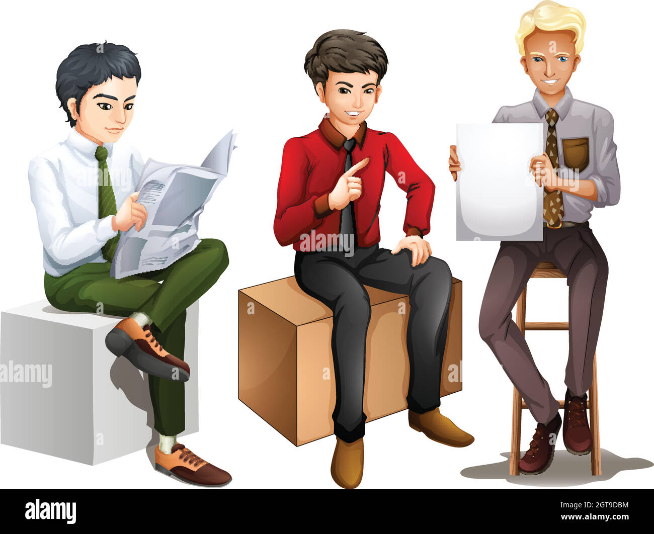 Three men sitting down while reading, talking and holding an empty board Stock Vector