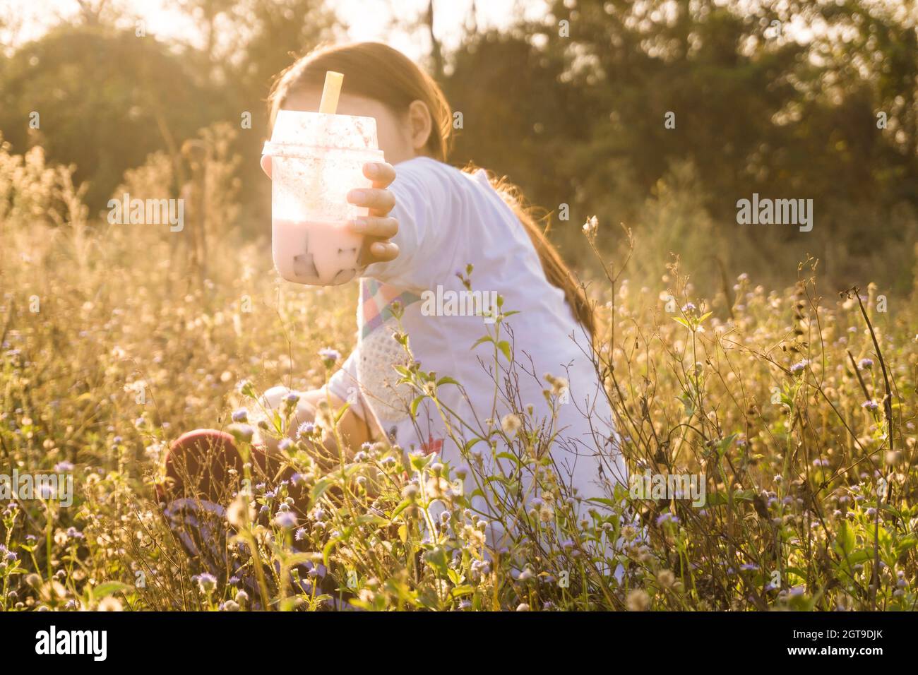 Woman Holding Smoothie In Glass On Field Stock Photo