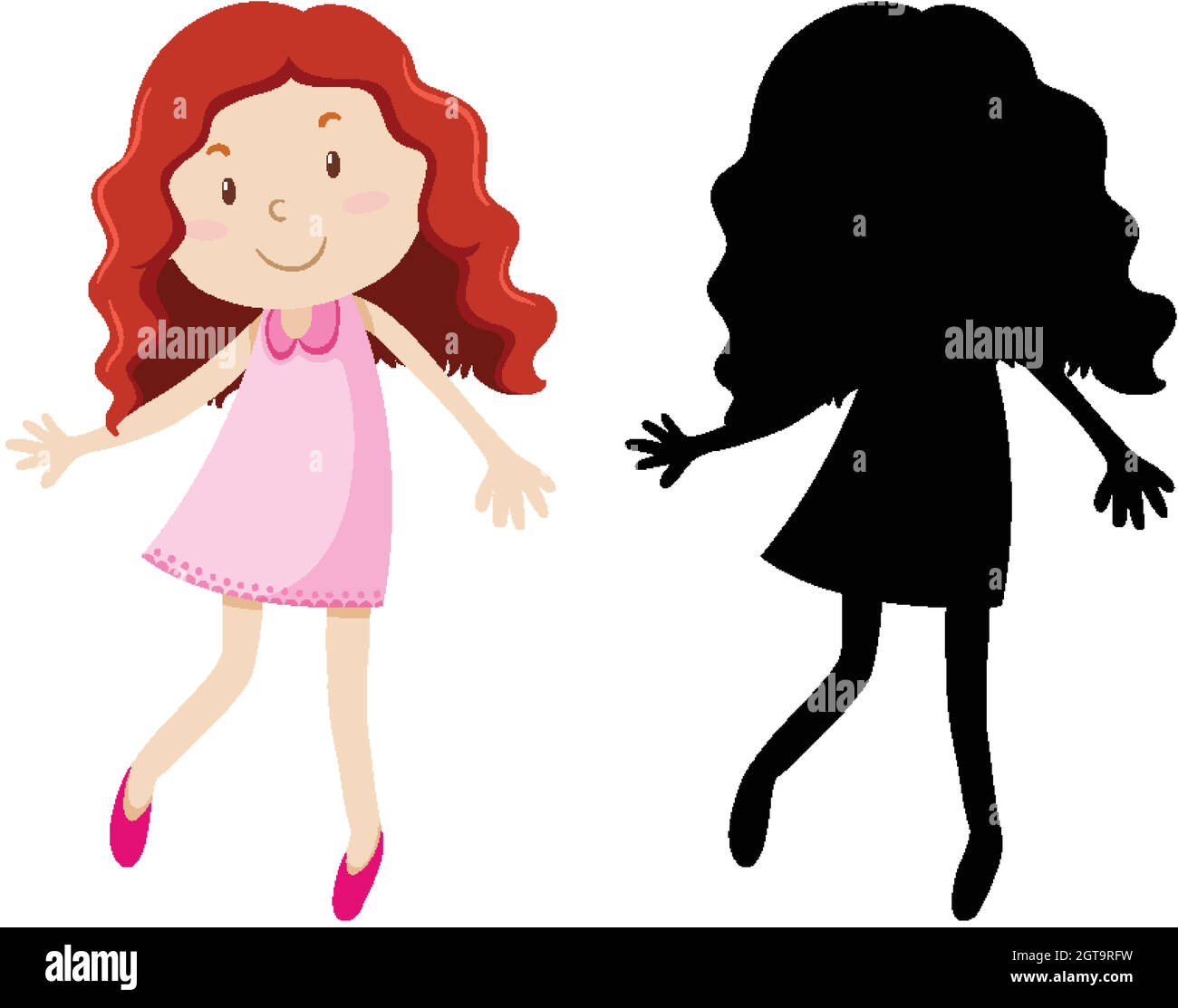 Cute curl hair girl in colour and silhouette Stock Vector
