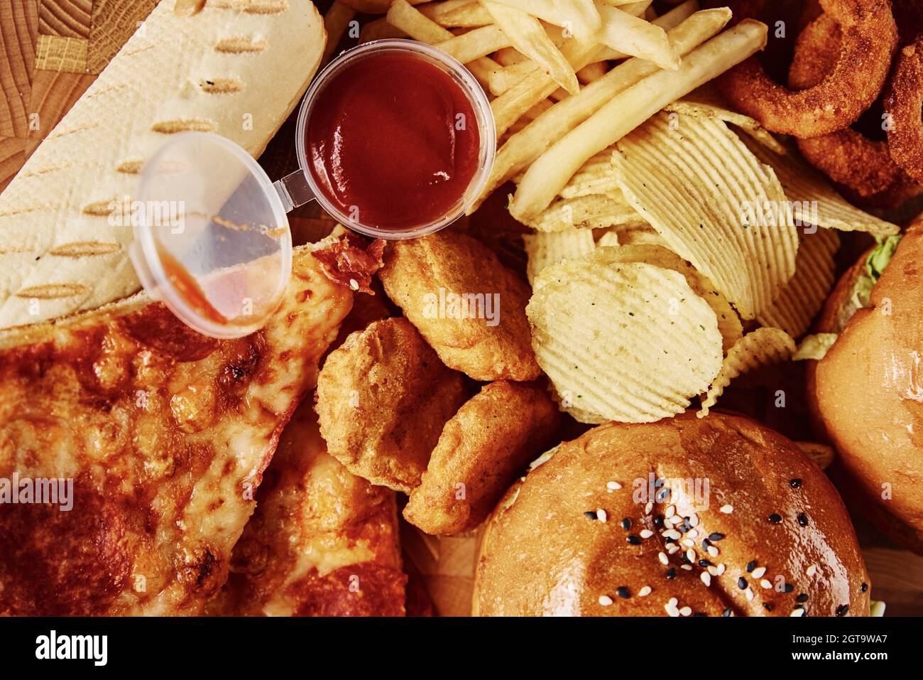 Unhealthy And Junk Food. Different Types Of Fast Food On The Table