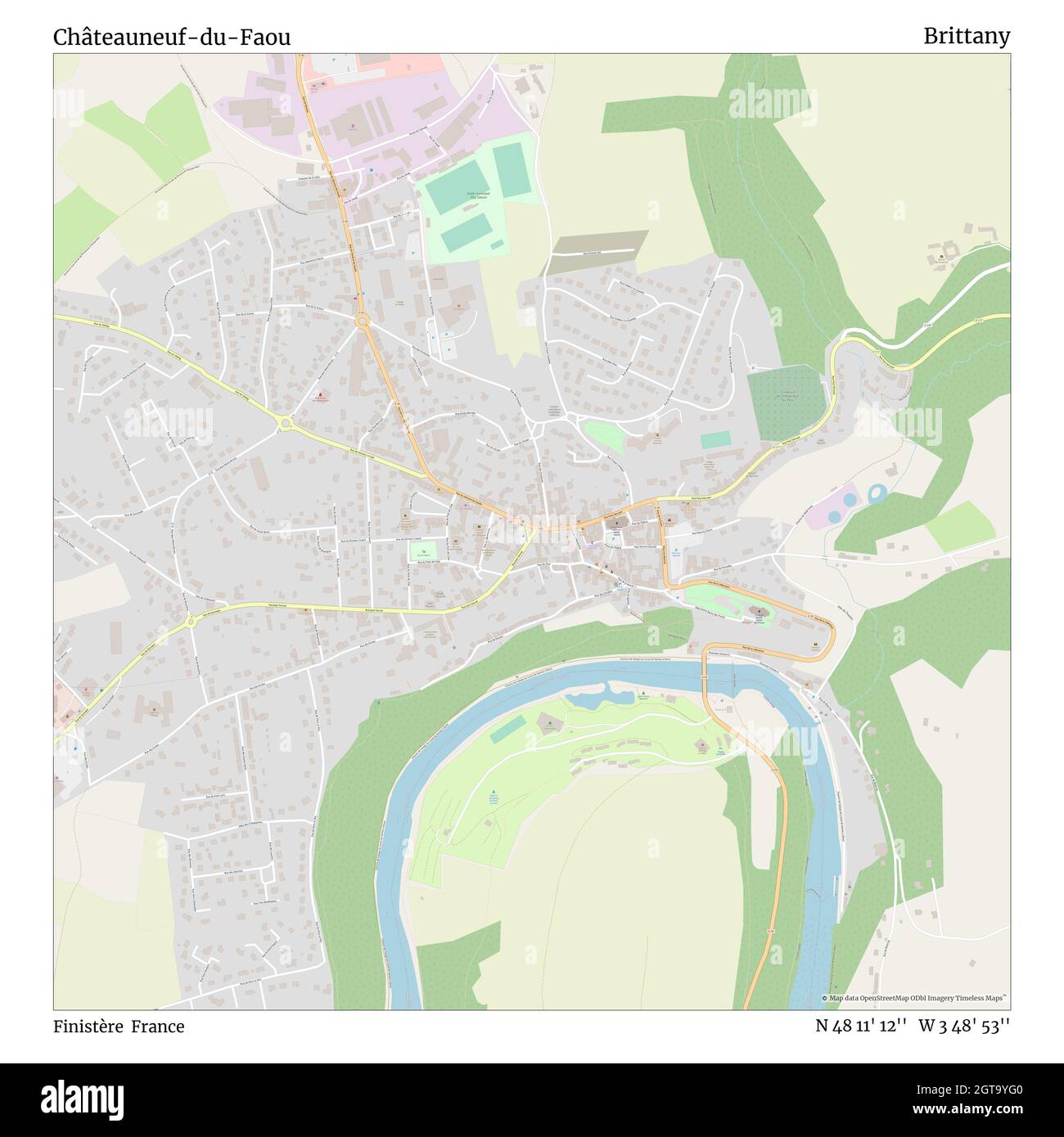 Châteauneuf-du-Faou, Finistère, France, Brittany, N 48 11' 12'', W 3 48' 53'', map, Timeless Map published in 2021. Travelers, explorers and adventurers like Florence Nightingale, David Livingstone, Ernest Shackleton, Lewis and Clark and Sherlock Holmes relied on maps to plan travels to the world's most remote corners, Timeless Maps is mapping most locations on the globe, showing the achievement of great dreams Stock Photo