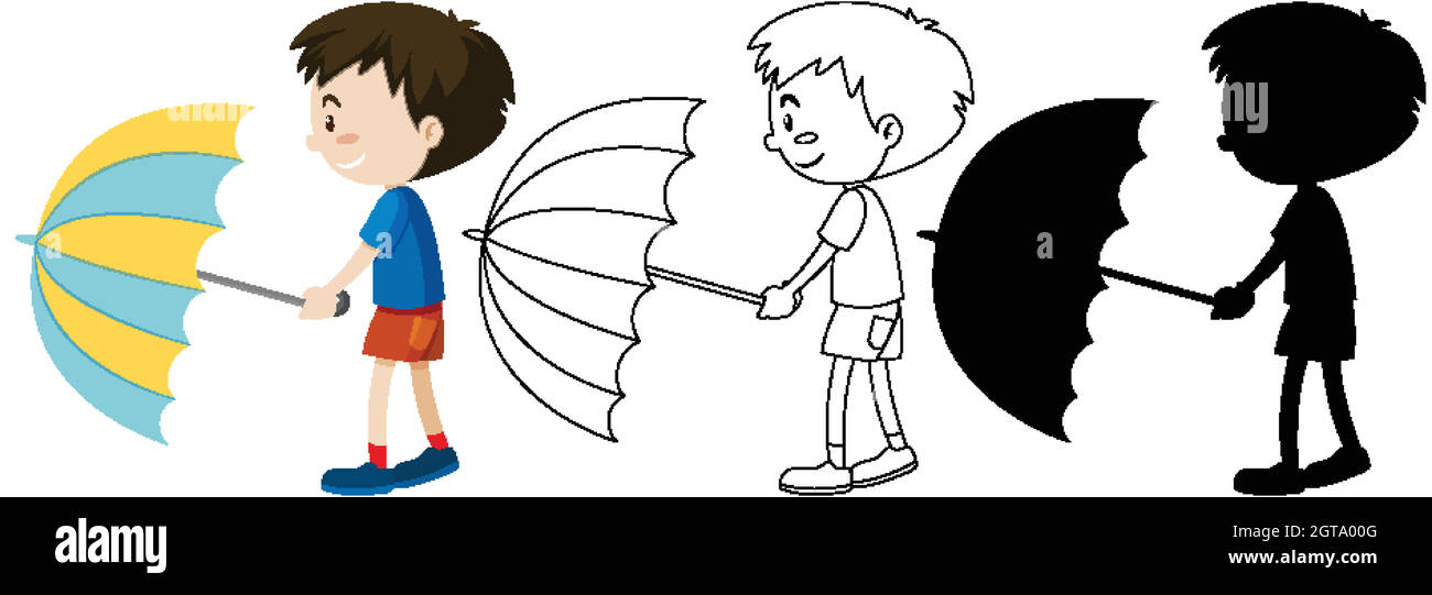 Boy holding umbrella in color and outline and silhouette Stock Vector