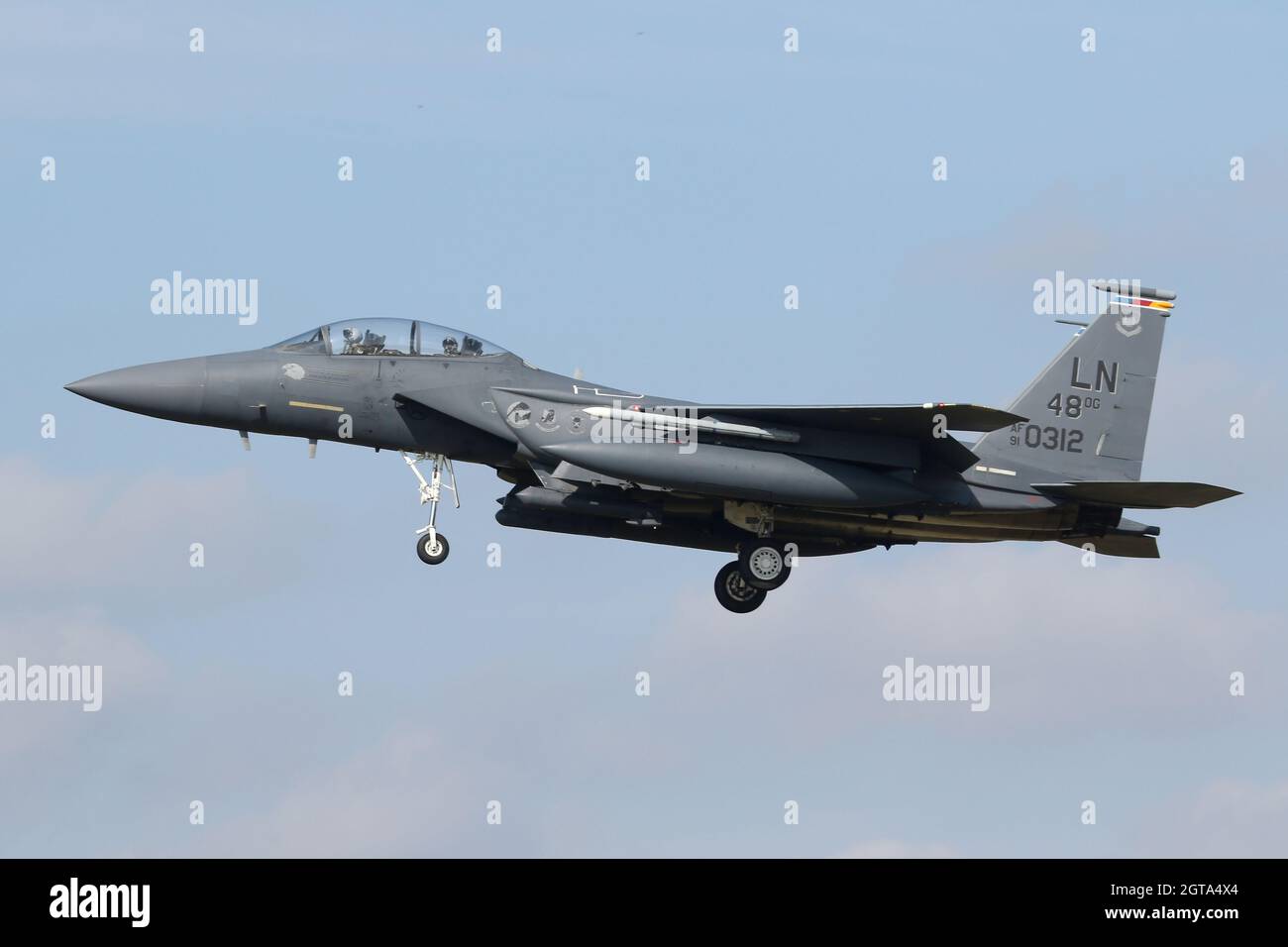 F-15E Strike Eagle marked for the 48th Operations Group on the Lakenheath approach. Stock Photo