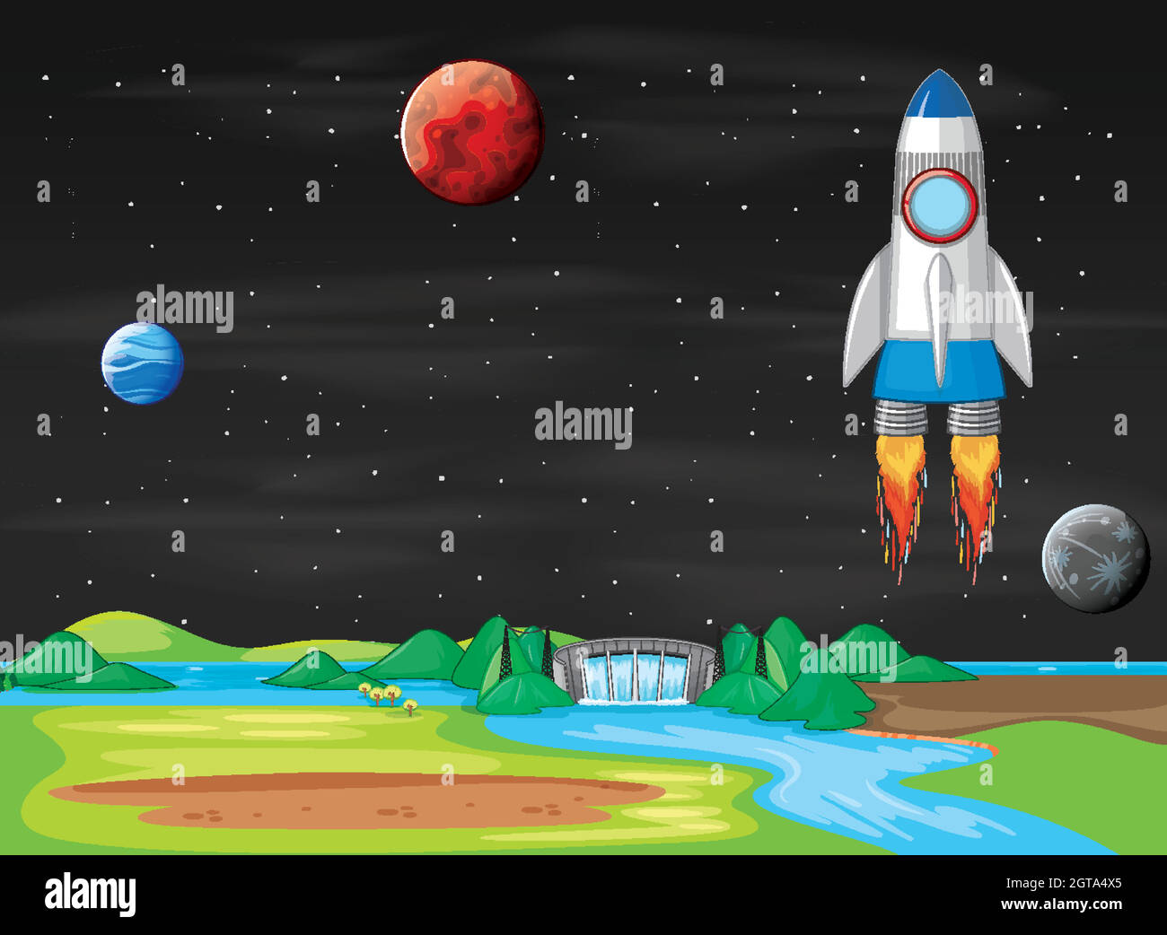 Scene with spaceship flying in the sky Stock Vector Image & Art - Alamy