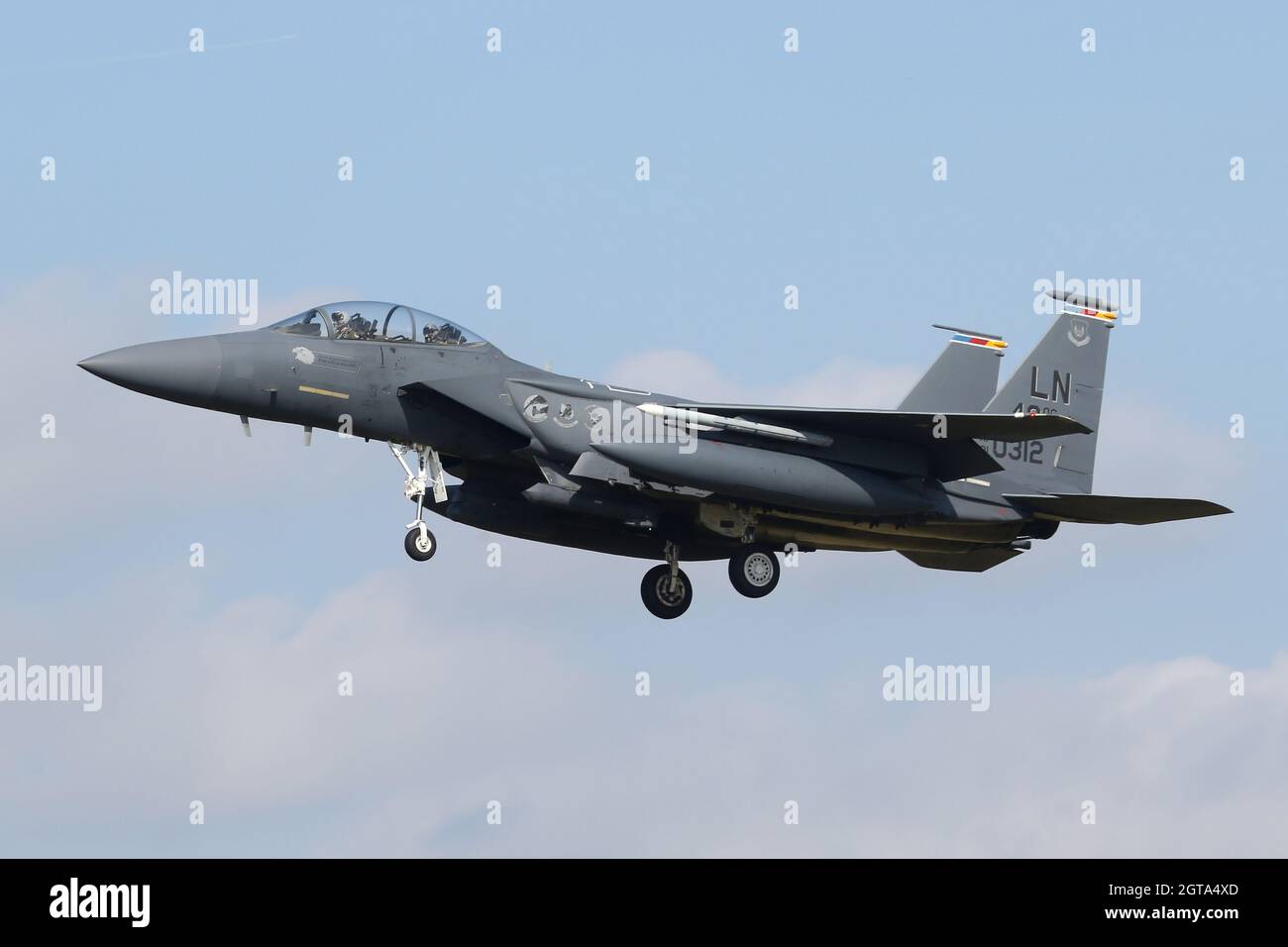 F-15E Strike Eagle marked for the 48th Operations Group on the Lakenheath approach. Stock Photo