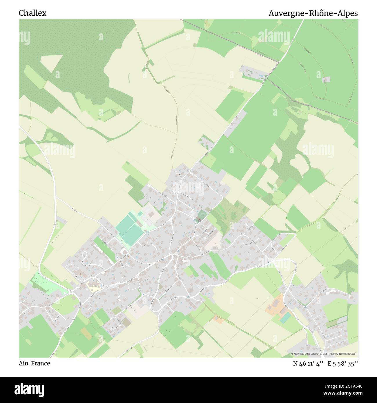 Challex, Ain, France, Auvergne-Rhône-Alpes, N 46 11' 4'', E 5 58' 35'', map, Timeless Map published in 2021. Travelers, explorers and adventurers like Florence Nightingale, David Livingstone, Ernest Shackleton, Lewis and Clark and Sherlock Holmes relied on maps to plan travels to the world's most remote corners, Timeless Maps is mapping most locations on the globe, showing the achievement of great dreams Stock Photo