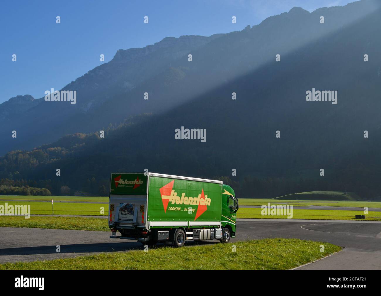 Interlaken, Switzerland Oct 18, 2018. A green truck parking at the
