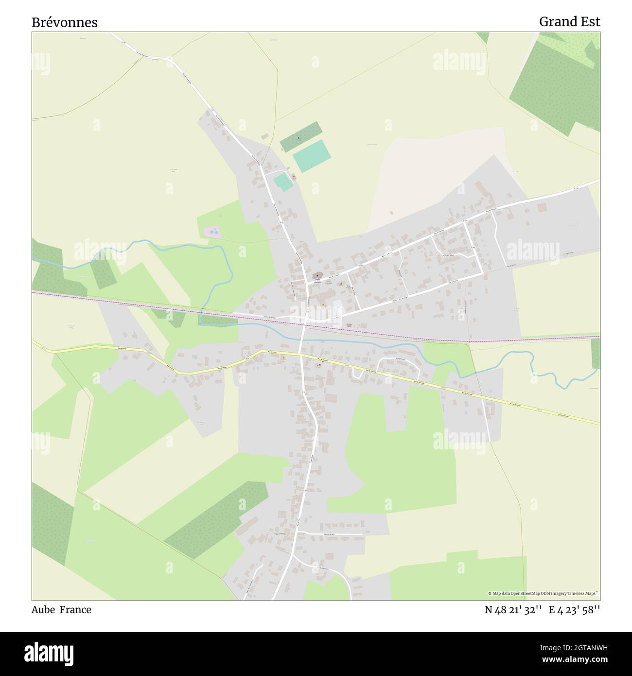 Brévonnes, Aube, France, Grand Est, N 48 21' 32'', E 4 23' 58'', map, Timeless Map published in 2021. Travelers, explorers and adventurers like Florence Nightingale, David Livingstone, Ernest Shackleton, Lewis and Clark and Sherlock Holmes relied on maps to plan travels to the world's most remote corners, Timeless Maps is mapping most locations on the globe, showing the achievement of great dreams Stock Photo