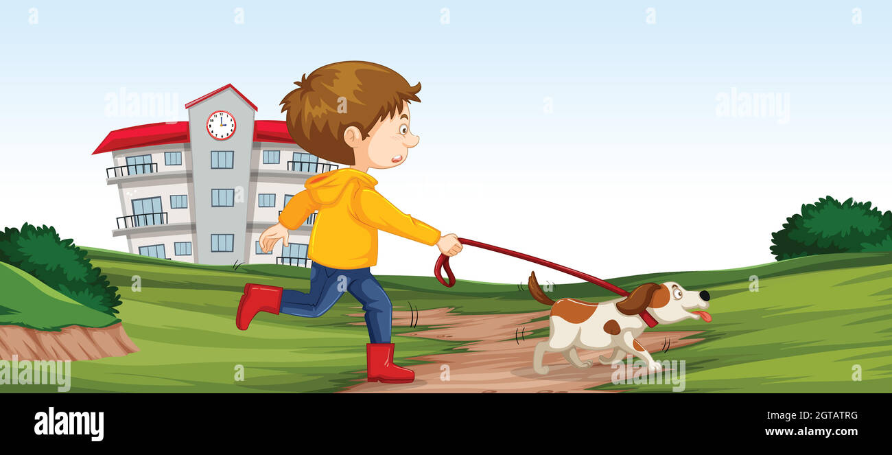 Boy walking his dog scene Stock Vector