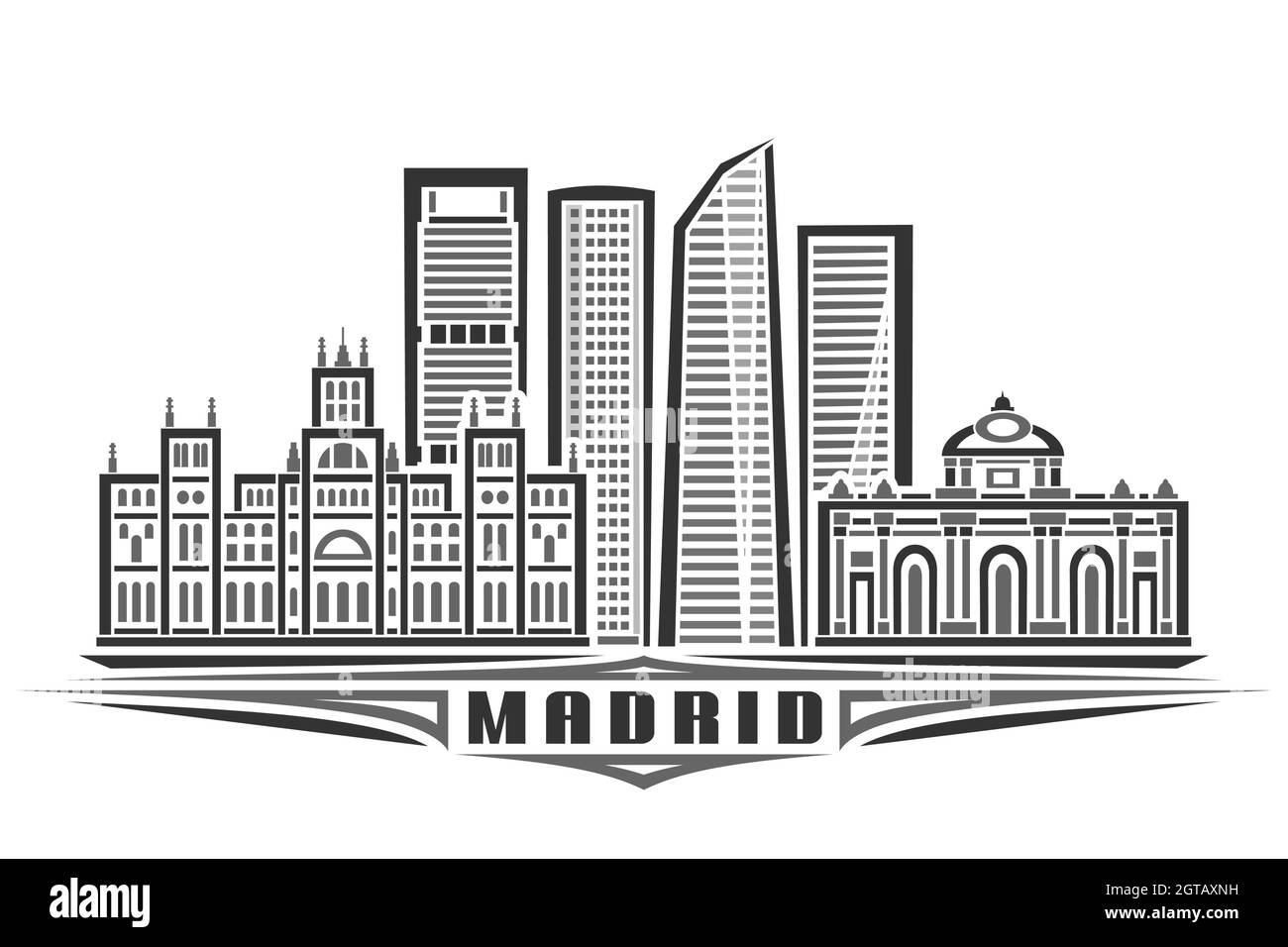 Vector illustration of Madrid, monochrome horizontal poster with linear design famous madrid city scape, urban line art concept with unique decorative Stock Vector