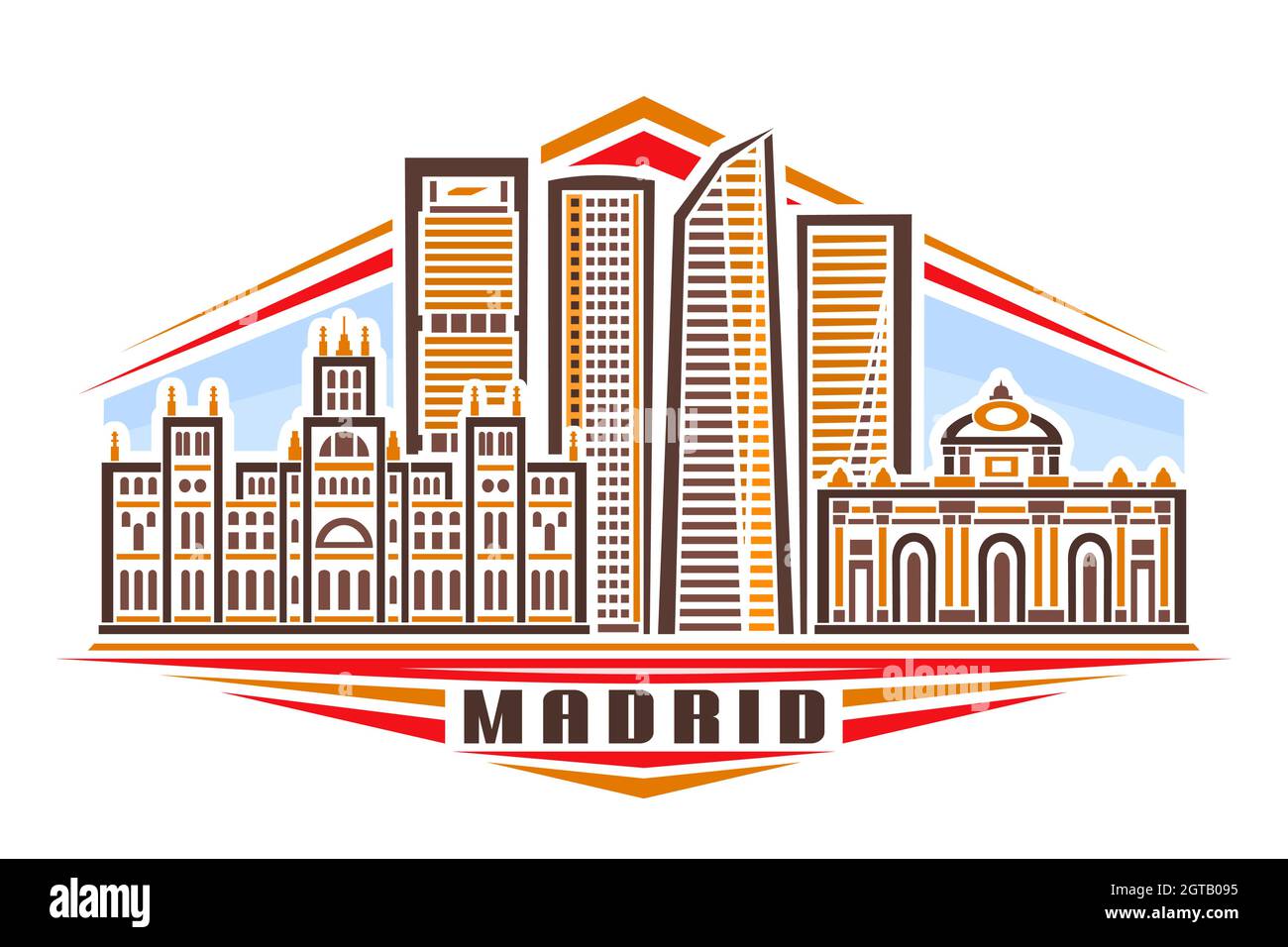 Vector illustration of Madrid, horizontal poster with linear design european madrid city scape on day sky background, urban line art concept with deco Stock Vector