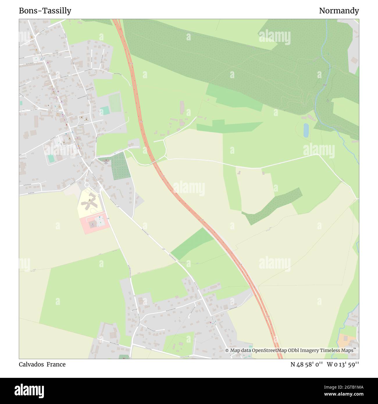 Bons-Tassilly, Calvados, France, Normandy, N 48 58' 0'', W 0 13' 59'', map, Timeless Map published in 2021. Travelers, explorers and adventurers like Florence Nightingale, David Livingstone, Ernest Shackleton, Lewis and Clark and Sherlock Holmes relied on maps to plan travels to the world's most remote corners, Timeless Maps is mapping most locations on the globe, showing the achievement of great dreams Stock Photo