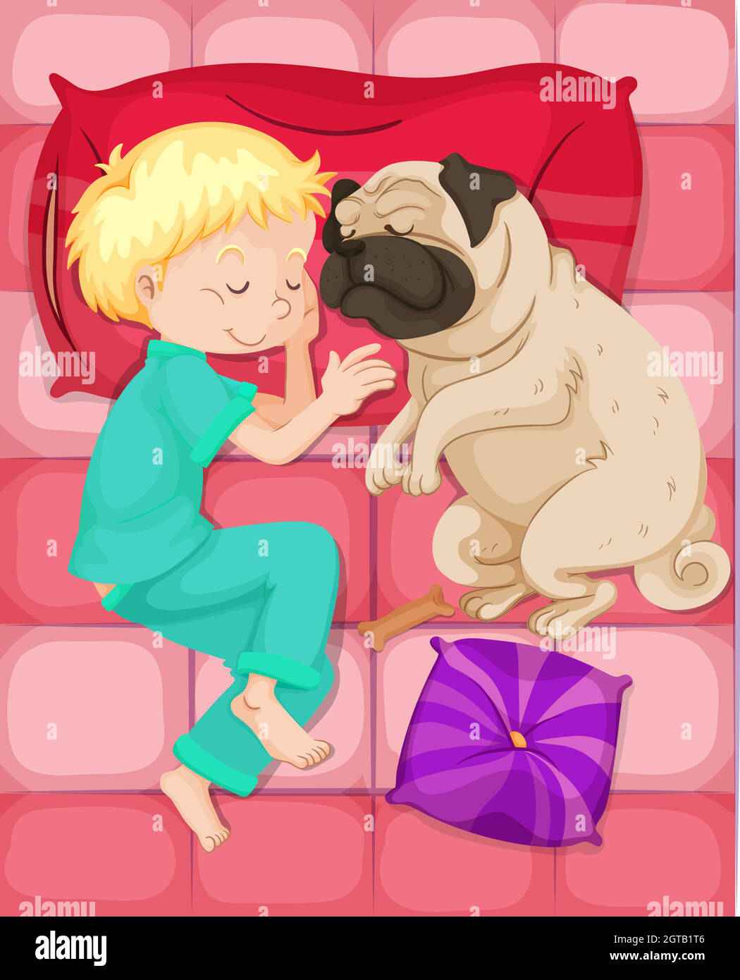Boy sleeping with pet dog in bed Stock Vector