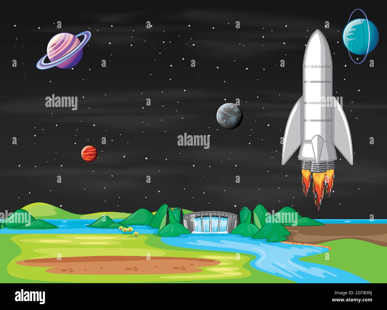 Scene with spaceship flying in the sky Stock Vector