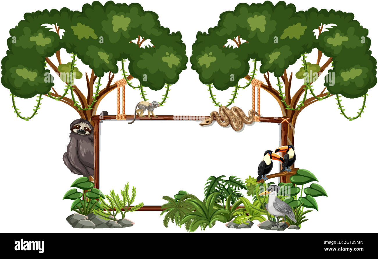 Empty banner with wild animals and rainforest trees on white background ...