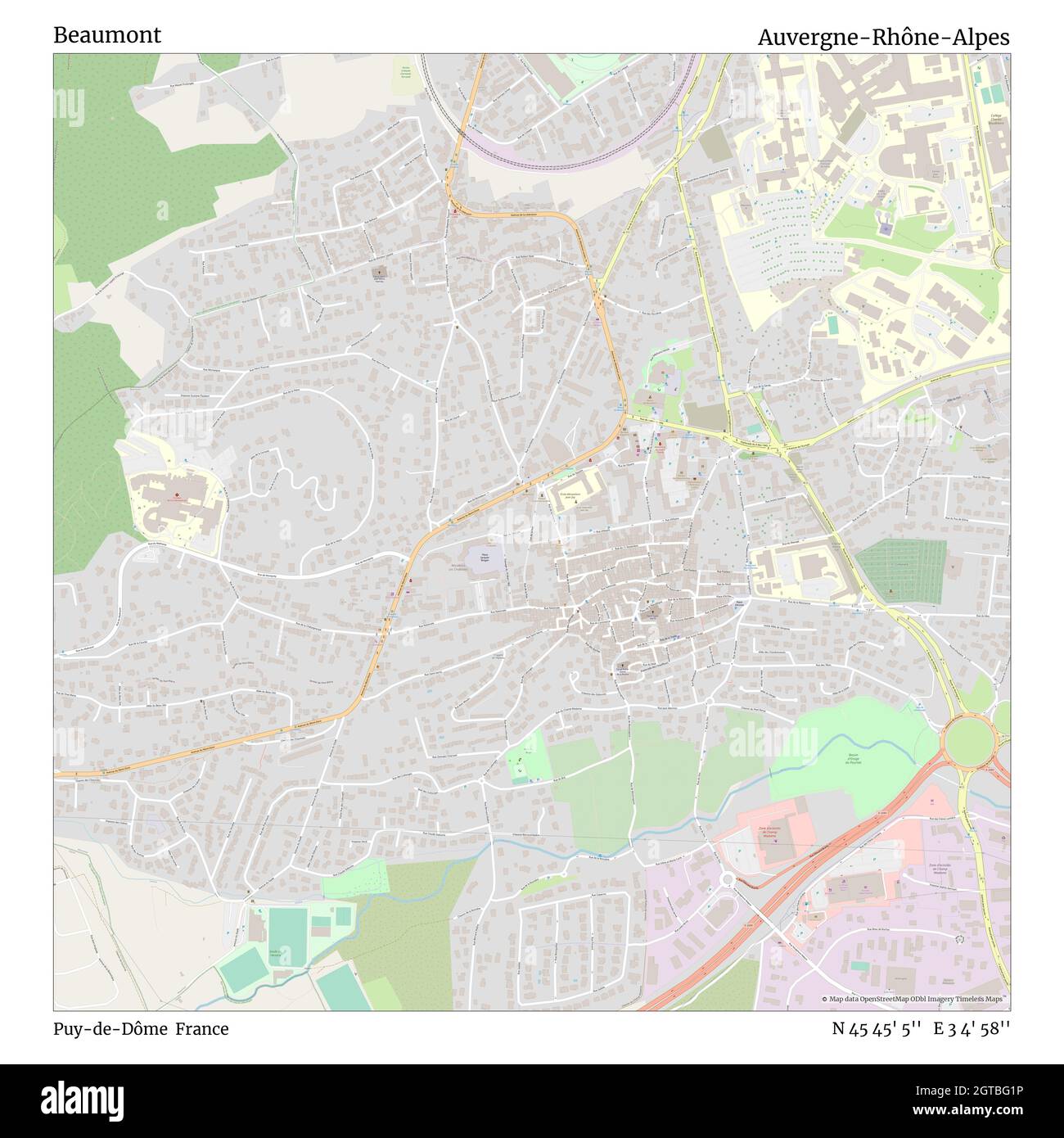 Beaumont, Puy-de-Dôme, France, Auvergne-Rhône-Alpes, N 45 45' 5'', E 3 4' 58'', map, Timeless Map published in 2021. Travelers, explorers and adventurers like Florence Nightingale, David Livingstone, Ernest Shackleton, Lewis and Clark and Sherlock Holmes relied on maps to plan travels to the world's most remote corners, Timeless Maps is mapping most locations on the globe, showing the achievement of great dreams Stock Photo