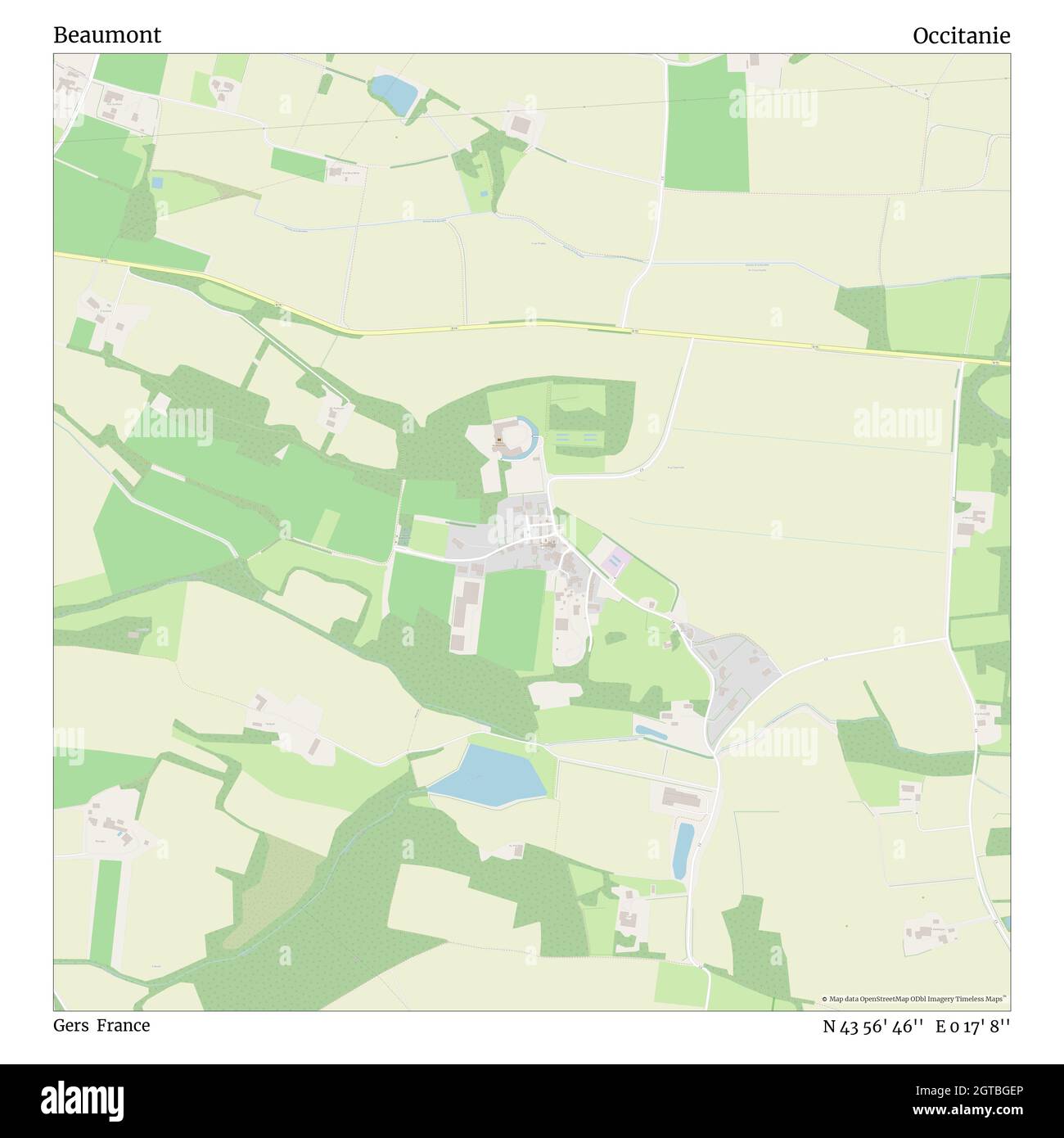 Beaumont, Gers, France, Occitanie, N 43 56' 46'', E 0 17' 8'', map, Timeless Map published in 2021. Travelers, explorers and adventurers like Florence Nightingale, David Livingstone, Ernest Shackleton, Lewis and Clark and Sherlock Holmes relied on maps to plan travels to the world's most remote corners, Timeless Maps is mapping most locations on the globe, showing the achievement of great dreams Stock Photo