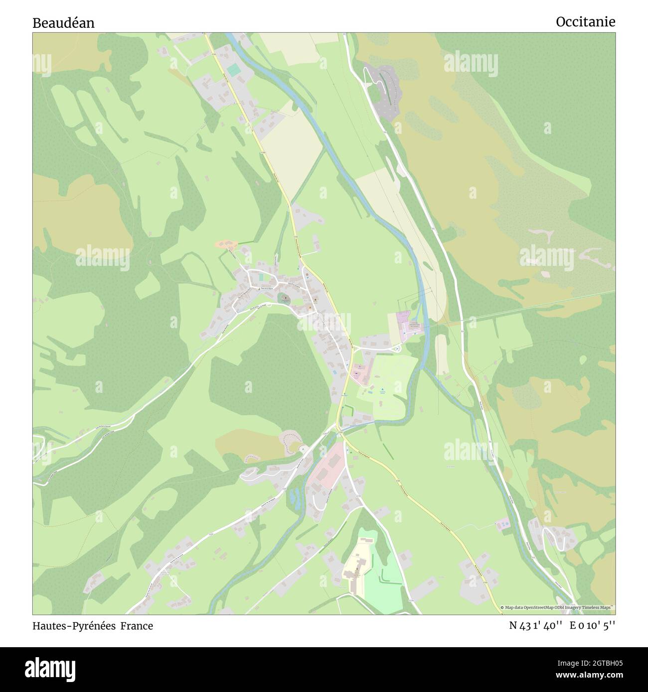 Beaudéan, Hautes-Pyrénées, France, Occitanie, N 43 1' 40'', E 0 10' 5'', map, Timeless Map published in 2021. Travelers, explorers and adventurers like Florence Nightingale, David Livingstone, Ernest Shackleton, Lewis and Clark and Sherlock Holmes relied on maps to plan travels to the world's most remote corners, Timeless Maps is mapping most locations on the globe, showing the achievement of great dreams Stock Photo