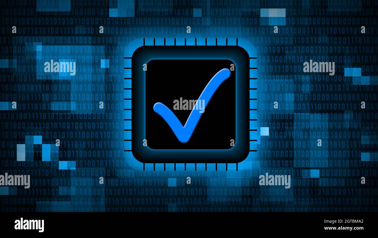 OK symbol on chip sensor - abstract background of blurred binary code ...