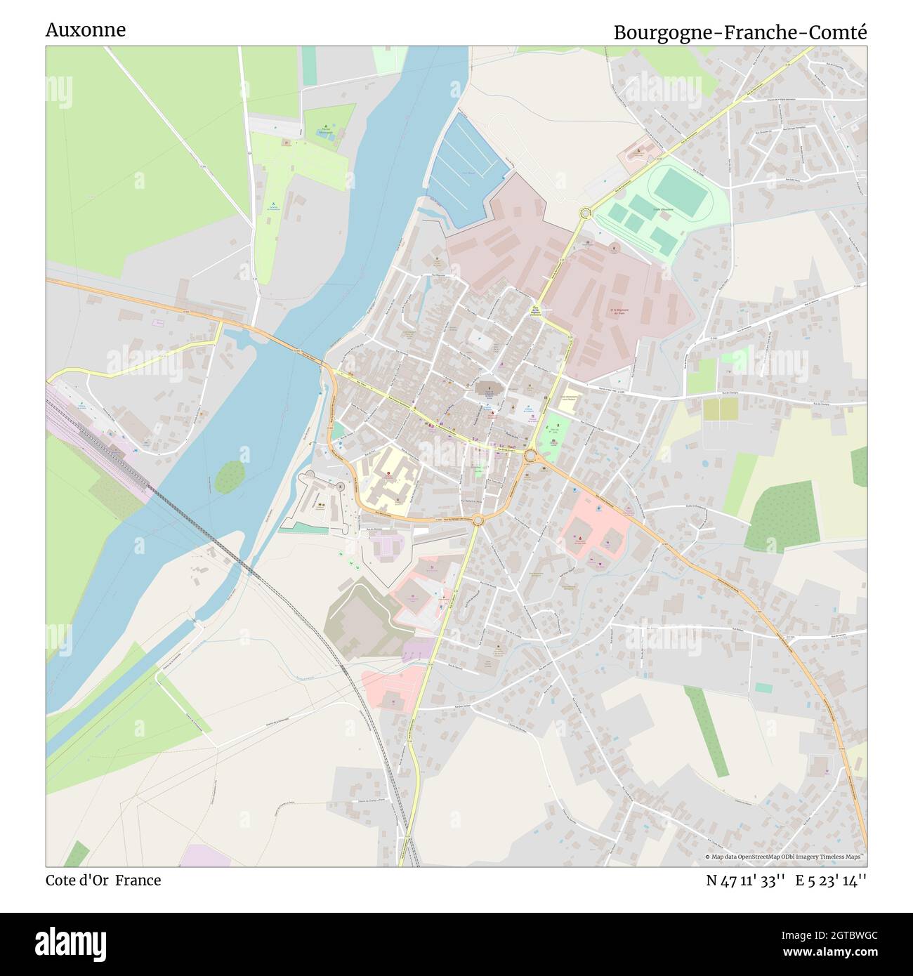 Auxonne, Cote d'Or, France, Bourgogne-Franche-Comté, N 47 11' 33'', E 5 23' 14'', map, Timeless Map published in 2021. Travelers, explorers and adventurers like Florence Nightingale, David Livingstone, Ernest Shackleton, Lewis and Clark and Sherlock Holmes relied on maps to plan travels to the world's most remote corners, Timeless Maps is mapping most locations on the globe, showing the achievement of great dreams Stock Photo