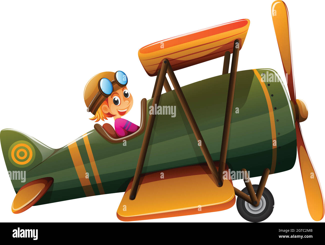 A young man riding on a vintage plane Stock Vector