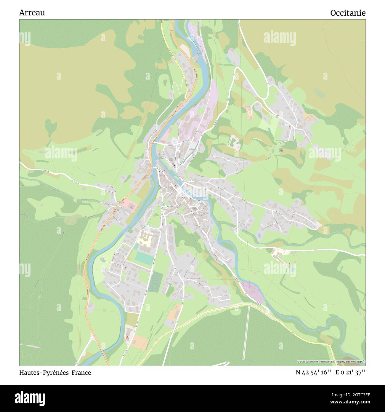 Arreau, Hautes-Pyrénées, France, Occitanie, N 42 54' 16'', E 0 21' 37'', map, Timeless Map published in 2021. Travelers, explorers and adventurers like Florence Nightingale, David Livingstone, Ernest Shackleton, Lewis and Clark and Sherlock Holmes relied on maps to plan travels to the world's most remote corners, Timeless Maps is mapping most locations on the globe, showing the achievement of great dreams Stock Photo