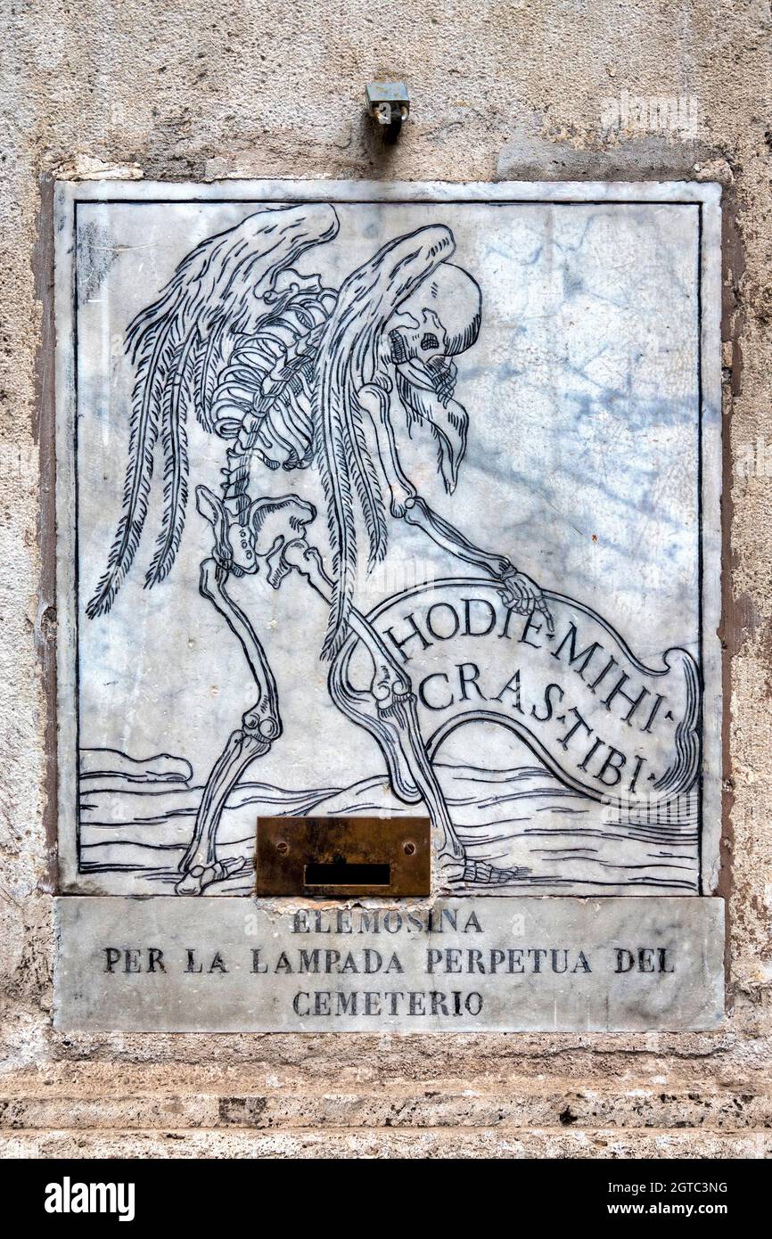 Marble plaque for the collection of alms for the deceased in Santa Maria dell'Orazione e Morte, Rome Italy Stock Photo