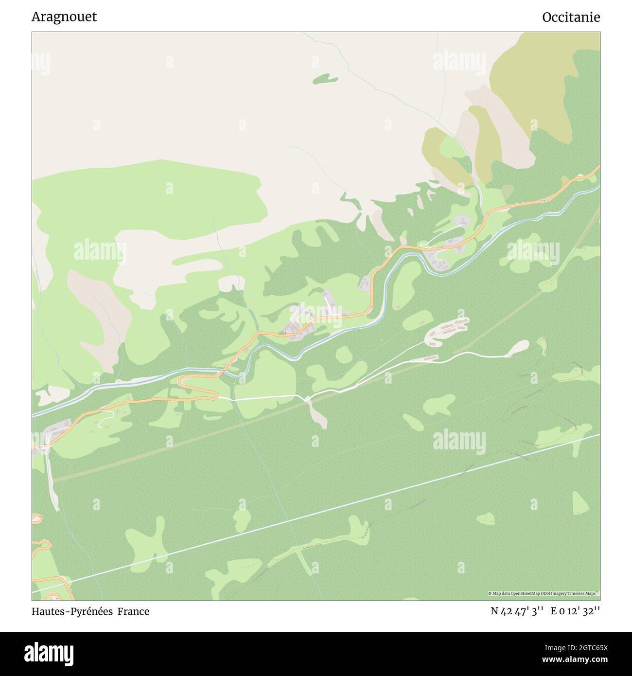 Aragnouet, Hautes-Pyrénées, France, Occitanie, N 42 47' 3'', E 0 12' 32'', map, Timeless Map published in 2021. Travelers, explorers and adventurers like Florence Nightingale, David Livingstone, Ernest Shackleton, Lewis and Clark and Sherlock Holmes relied on maps to plan travels to the world's most remote corners, Timeless Maps is mapping most locations on the globe, showing the achievement of great dreams Stock Photo