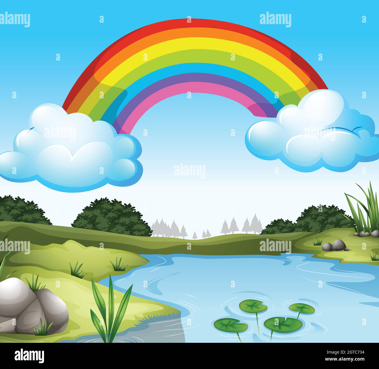 A beautiful scenery with a rainbow in the sky Stock Vector