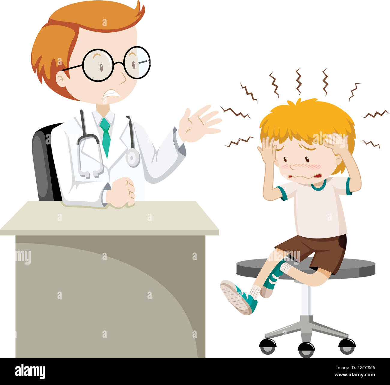 Little boy with headache visiting doctor Stock Vector
