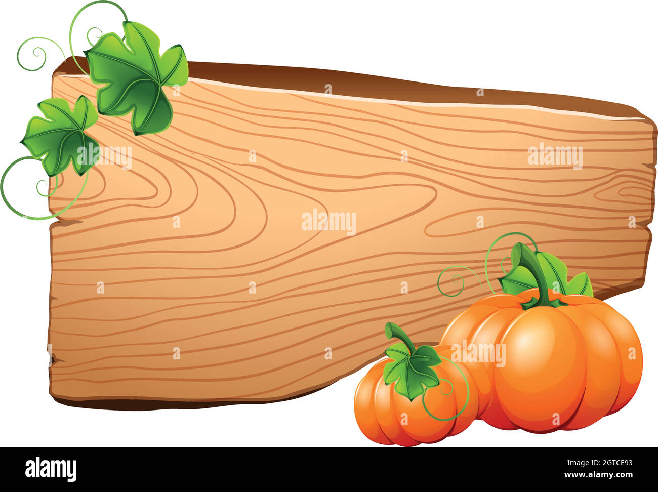 Wooden board and pumpkins on vine Stock Vector
