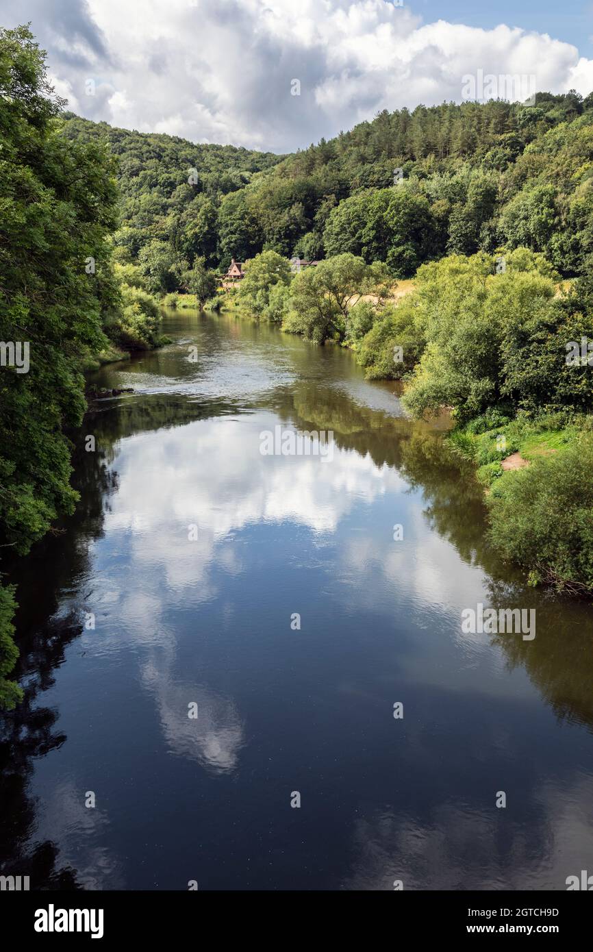 The River Severn seen from a train crossing the Victoria bridge on the Severn Valley Railway, Arley, Worcestershire Stock Photo