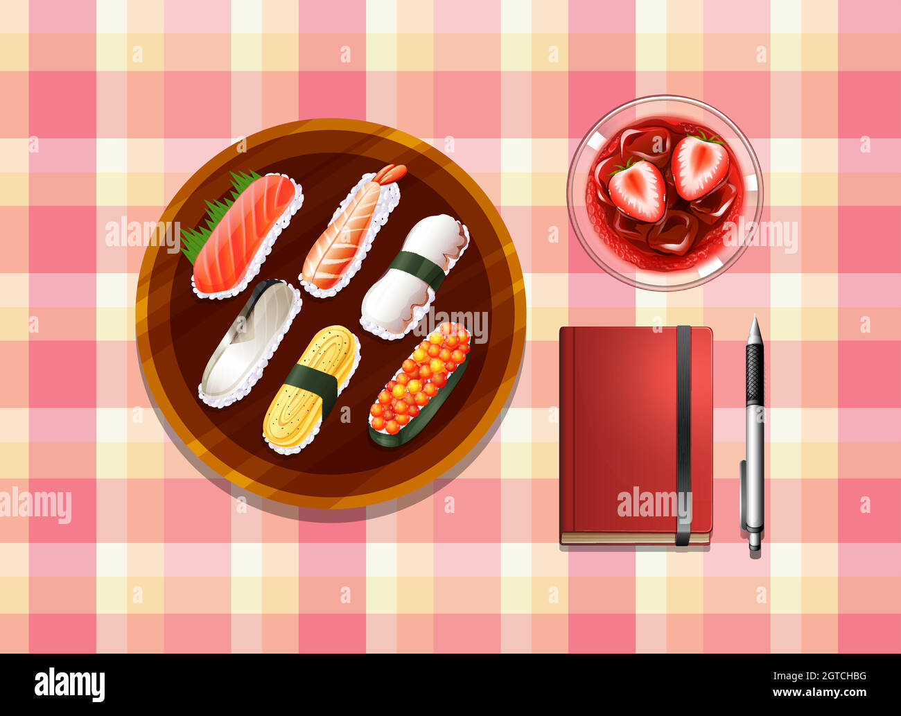 A table with sushi, a cocktail drink, a ballpen and a notebook Stock Vector
