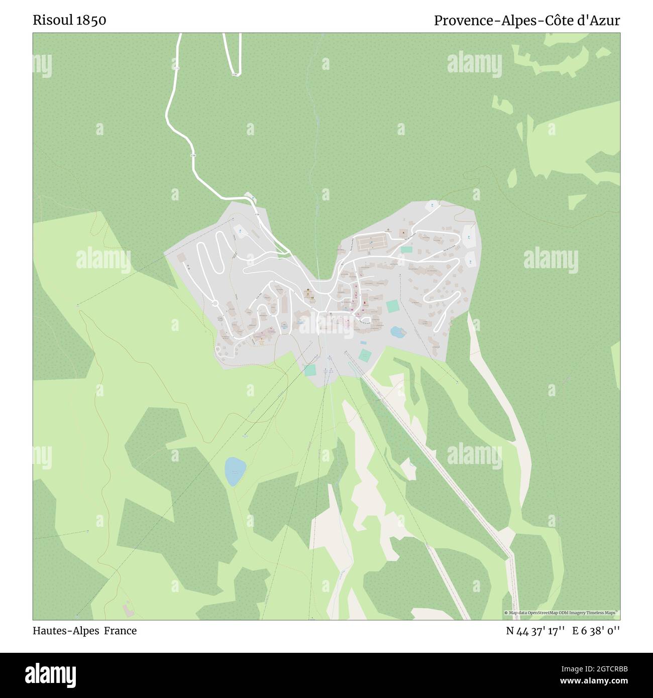 Risoul 1850, Hautes-Alpes, France, Provence-Alpes-Côte d'Azur, N 44 37' 17'', E 6 38' 0'', map, Timeless Map published in 2021. Travelers, explorers and adventurers like Florence Nightingale, David Livingstone, Ernest Shackleton, Lewis and Clark and Sherlock Holmes relied on maps to plan travels to the world's most remote corners, Timeless Maps is mapping most locations on the globe, showing the achievement of great dreams Stock Photo