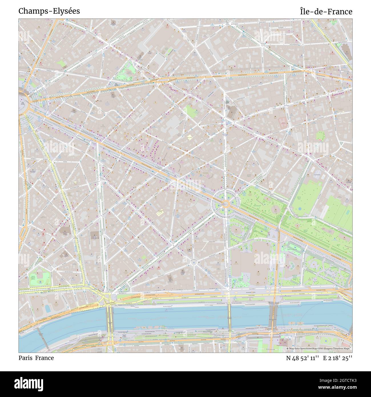 Champs-Elysées, Paris, France, Île-de-France, N 48 52' 11'', E 2 18' 25'', map, Timeless Map published in 2021. Travelers, explorers and adventurers like Florence Nightingale, David Livingstone, Ernest Shackleton, Lewis and Clark and Sherlock Holmes relied on maps to plan travels to the world's most remote corners, Timeless Maps is mapping most locations on the globe, showing the achievement of great dreams Stock Photo