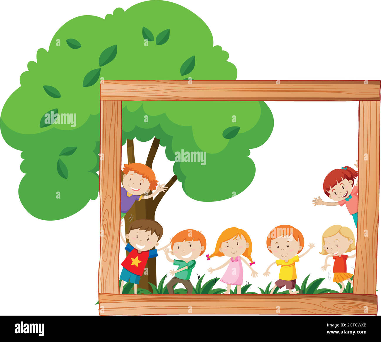 Kids in wooden frame scene Stock Vector