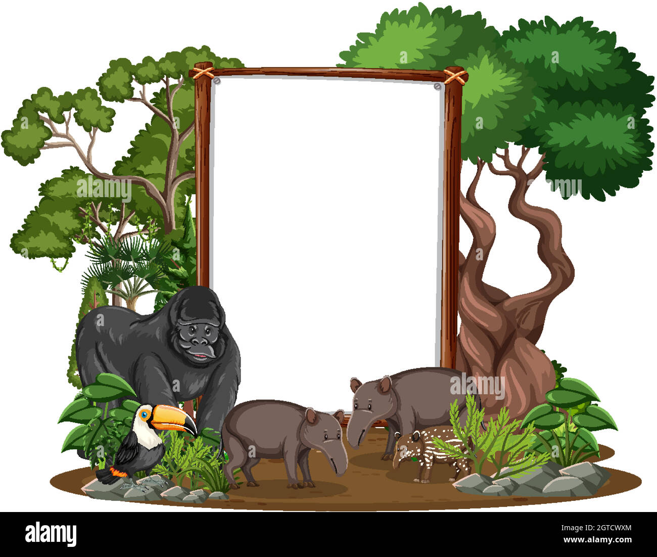 Empty banner with wild animals and rainforest trees on white background ...